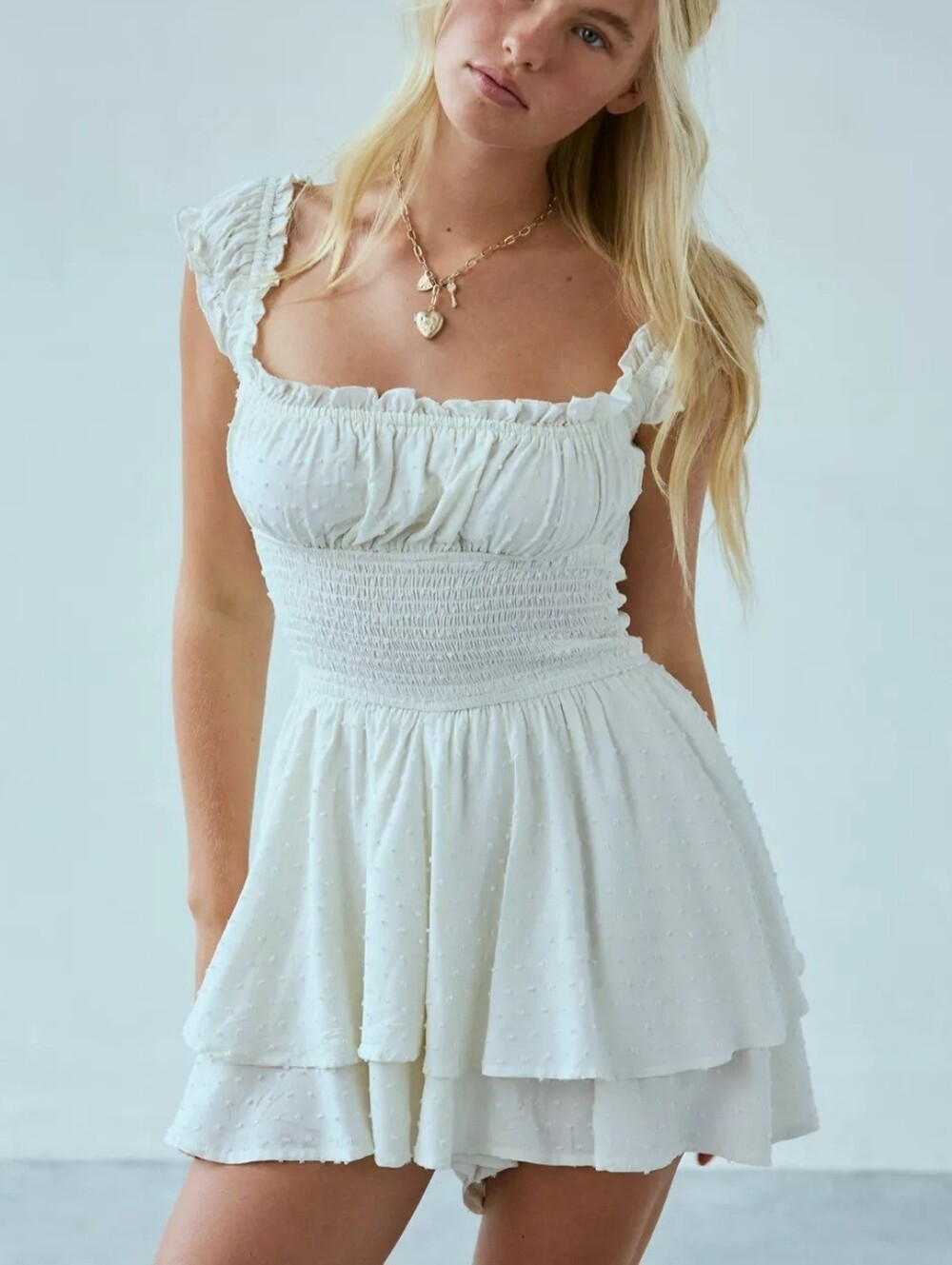 Urban Outfitters Rosie Off-White Ivory Smocked Ruffle Mini Romper